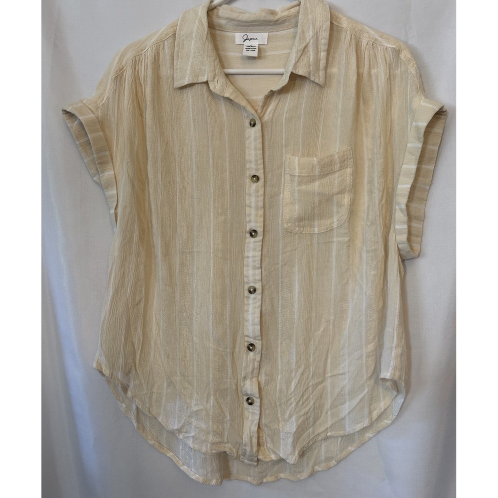 Jopna Beige/White Striped Button Up Blouse Rolled Cap Sleeve Front Pocket L